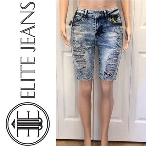 Elite Jeans Queen Collection High Rise Distressed Denim Bermuda Shorts Size 9